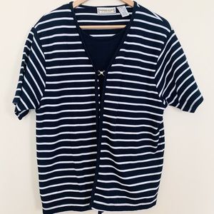 Vtg STEPHANIE ROGERS 2 in 1 Navy & Wht Striped Single Front Fastener Cardiga…